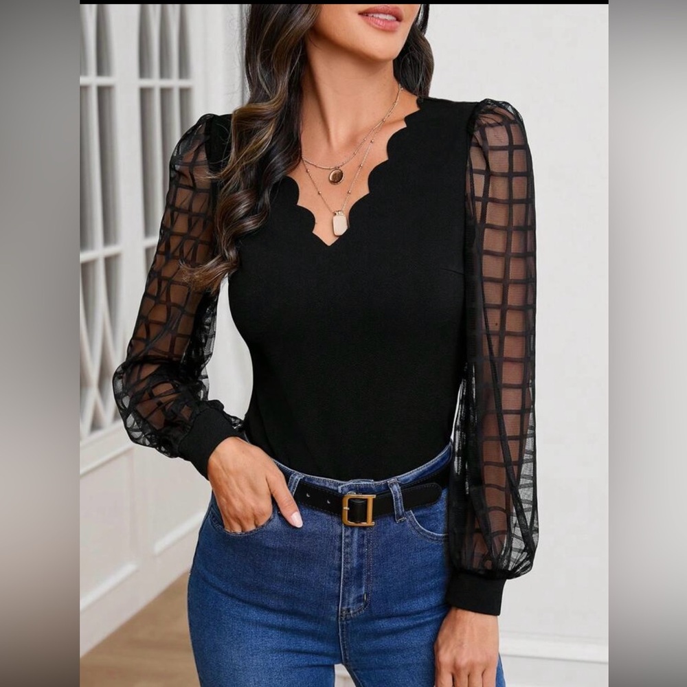 SHEIN - Black Fitted Embellished Long Sleeve Blouse